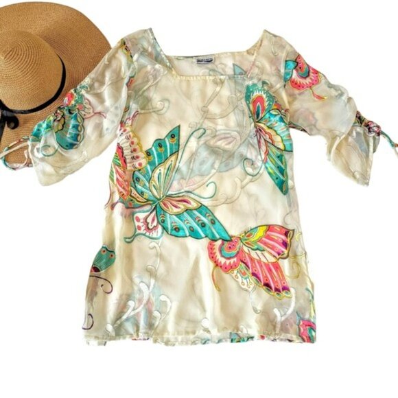 Surface Women's Oversized Sheer Blouse Size Medium Butterflies Beach Coverup - Picture 2 of 13